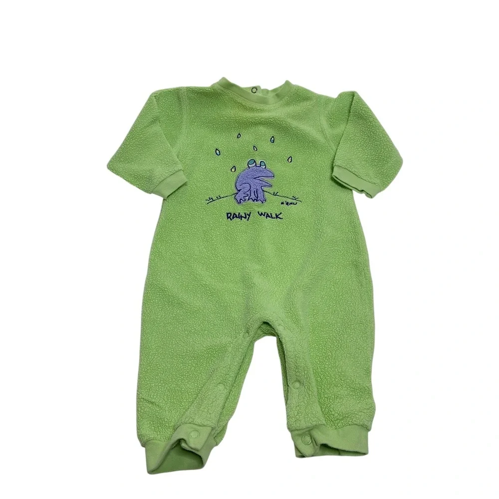 Carter's Kids 3-6M One-Piece Coverall Green Frog Rainy Walk Fleece Snap Romper